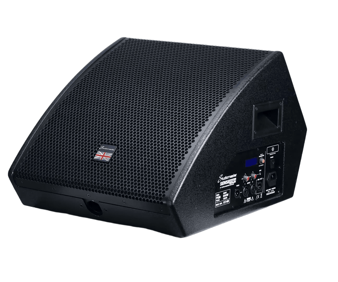 Black speaker with brand logo on a white background