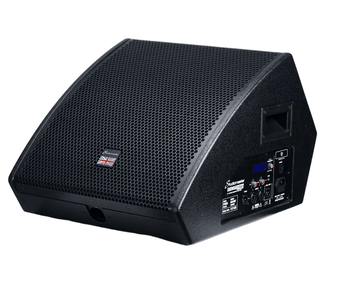 Black speaker with brand logo on a white background