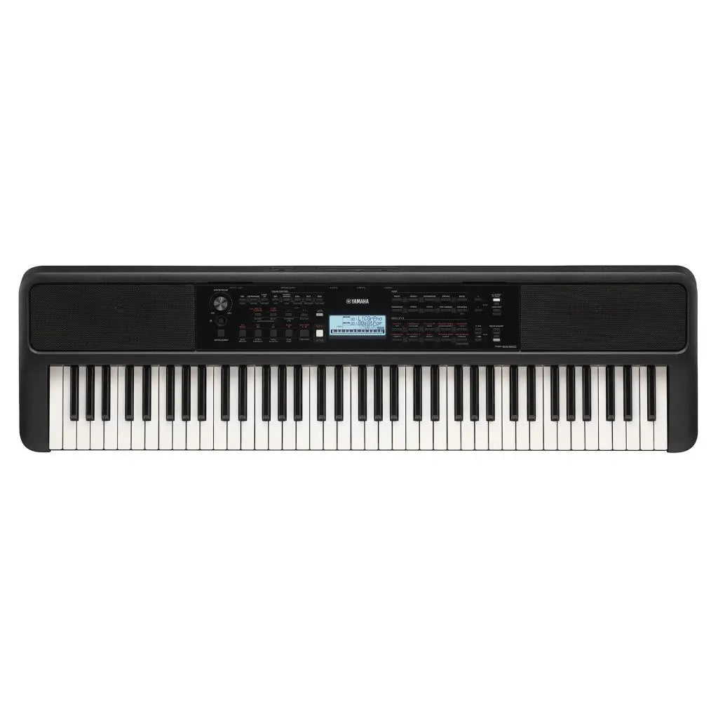 Black digital piano with keyboard on a white background