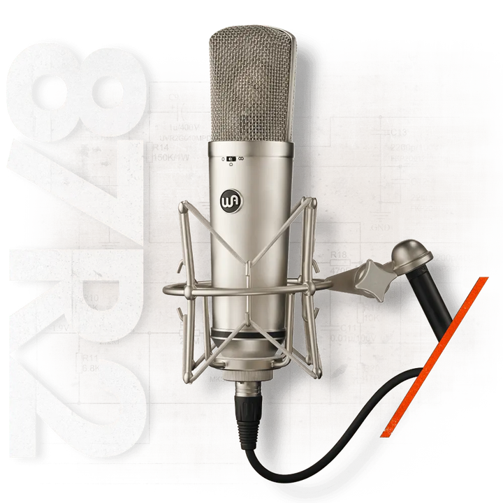 Studio microphone with a cable  with 'U87' branding.