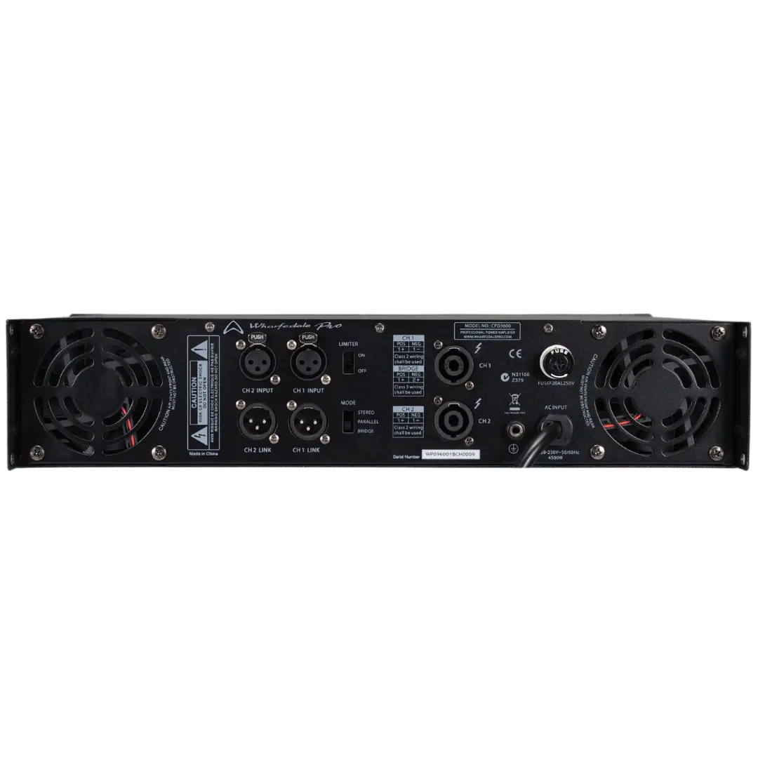 Rear view of Wharfedale CPD-3600 showing XLR inputs, 4-pole speaker connectors and cooling vents.