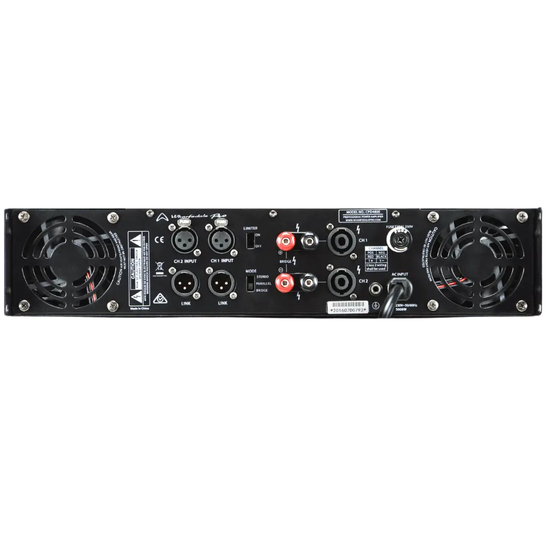 Rear panel of Wharfedale CPD-4800 showing XLR inputs, link outputs, and 4-pole speaker connectors with binding posts.