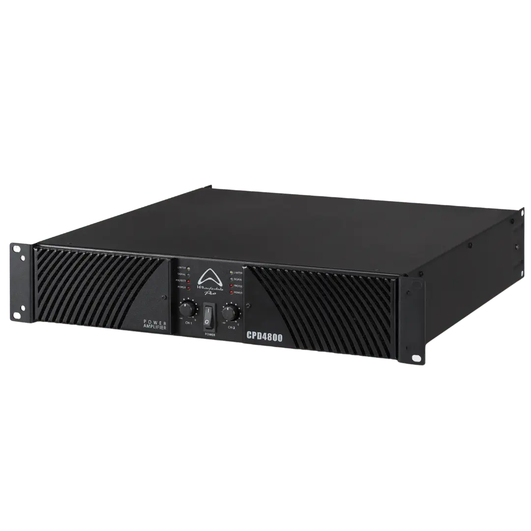 Angled view of Wharfedale CPD-4800 Class H amplifier designed for professional touring and permanent sound installations.