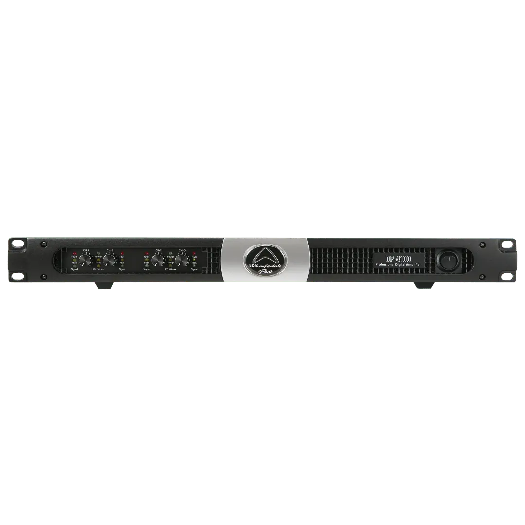 Wharfedale DP-4100 4-channel Class D power amplifier front panel with controls and indicators, available at Hymns Music Nepal.