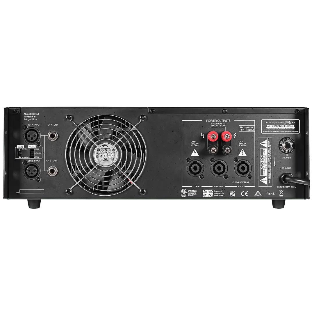 Rear view of Wharfedale MP-2800 amplifier with XLR sockets, speaker outputs, and ventilation ports