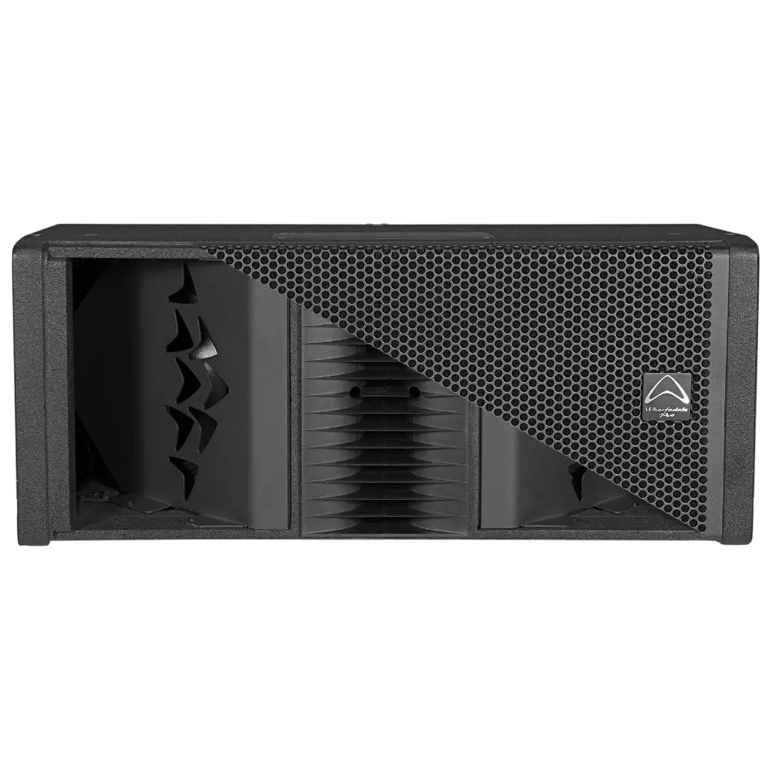 Black speaker enclosure with brand logo Wharfedale 