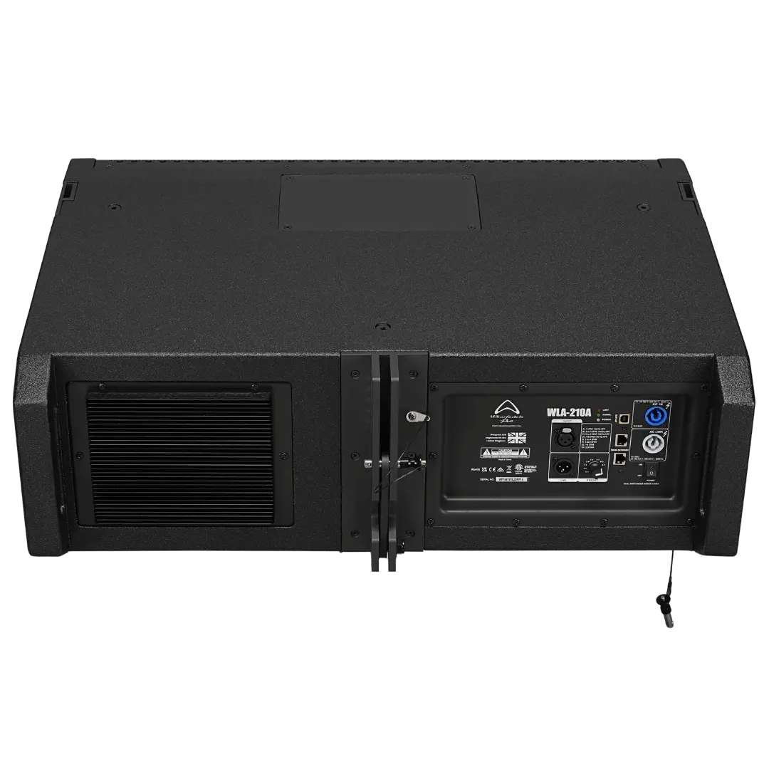 Rear view of Wharfedale WLA-210A showing XLR inputs, DSP controls, and powerCON connectors.