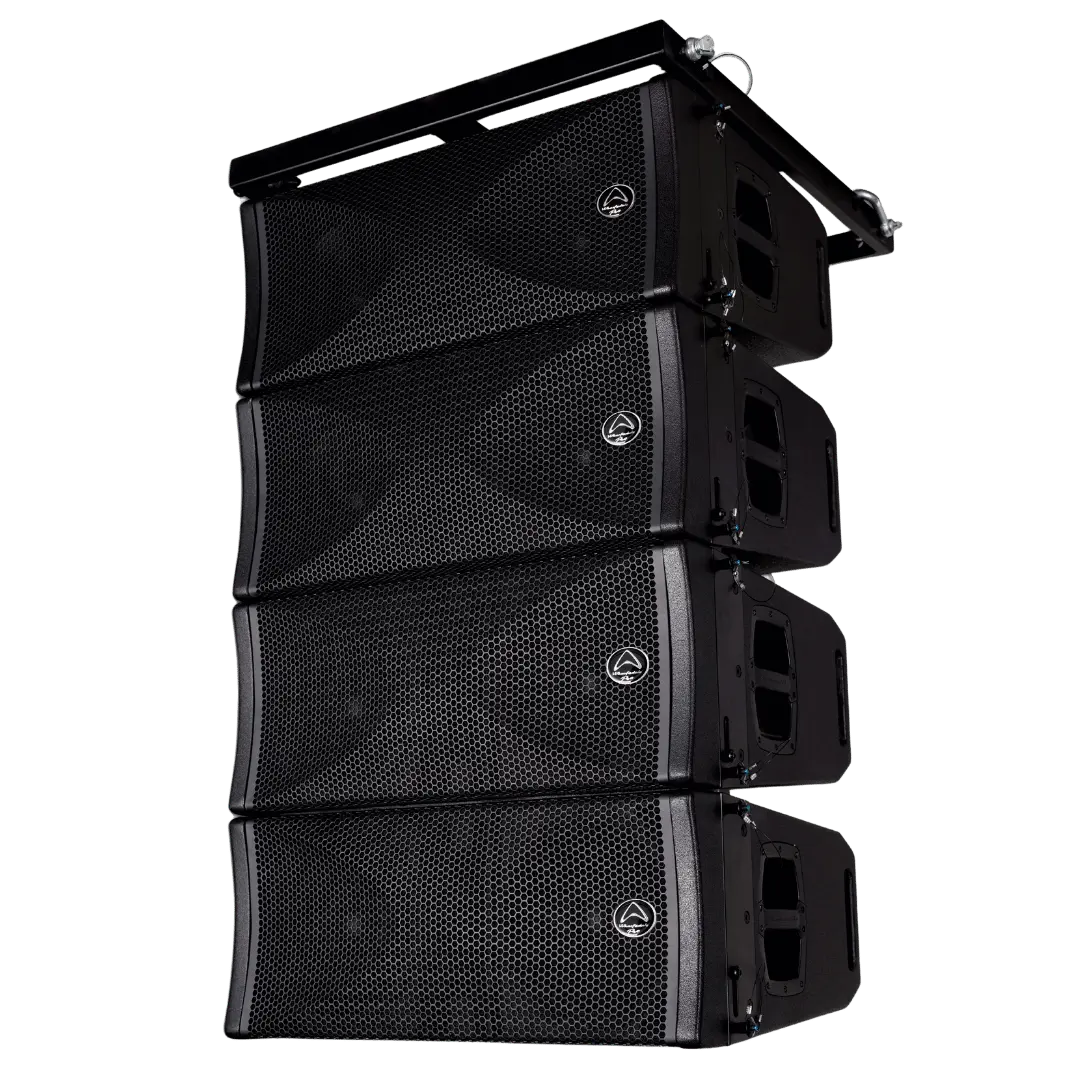 Stack of black speakers Wharfedale WLA-210X Line Array