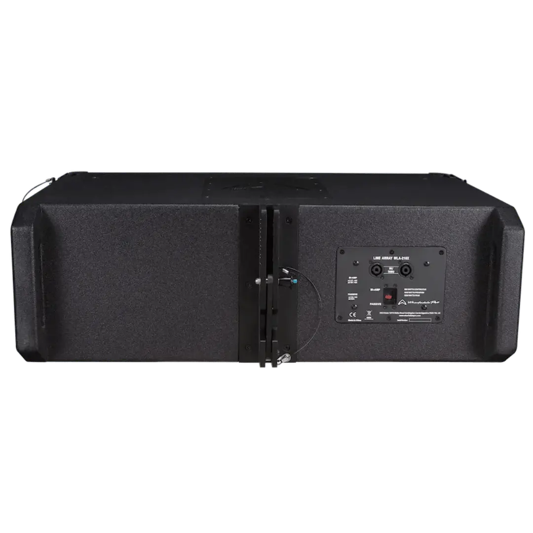 Rear view of Wharfedale WLA-210X line array showing speaker connectors and rigging assembly.