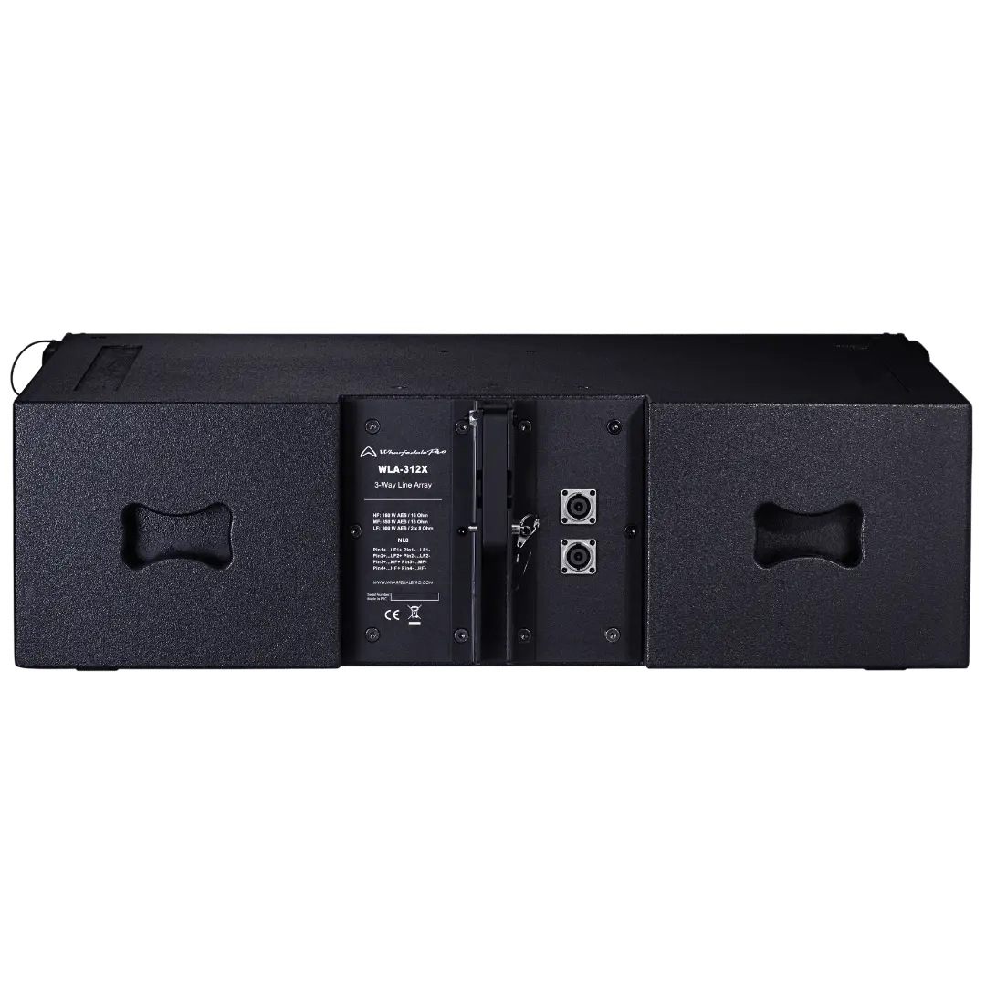 Rear view of Wharfedale WLA-312X showing 4-pole connectors and integral rigging system.