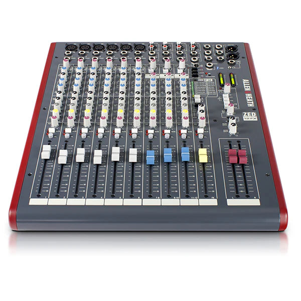 Front view of Allen & Heath ZED-12FX mixer showing faders, knobs, and channel layout