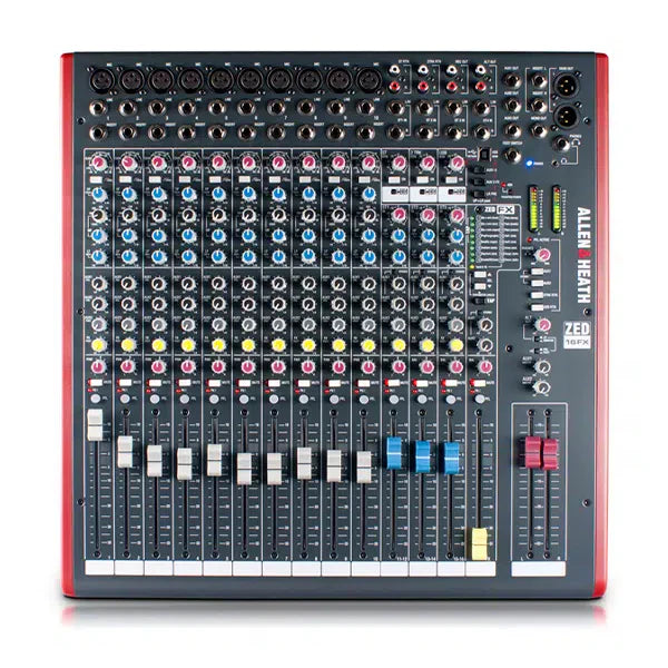 Allen & Heath ZED-16FX mixer front view with faders, knobs, and full channel layout