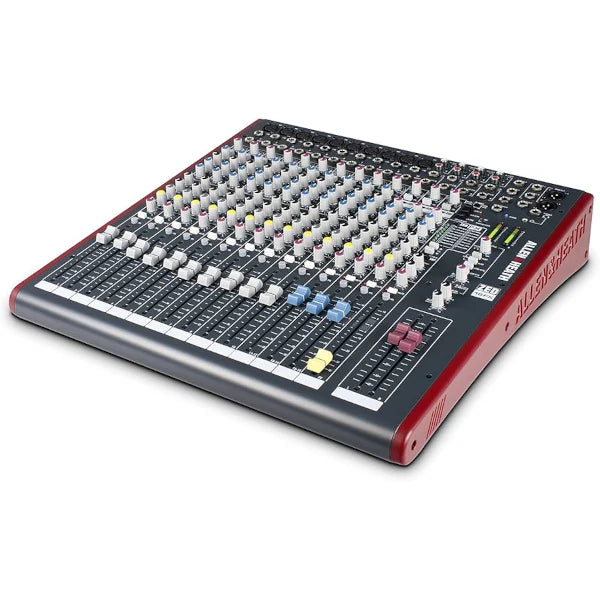 Top panel of Allen & Heath ZED-16FX showing EQ controls, FX section, and mixer interface