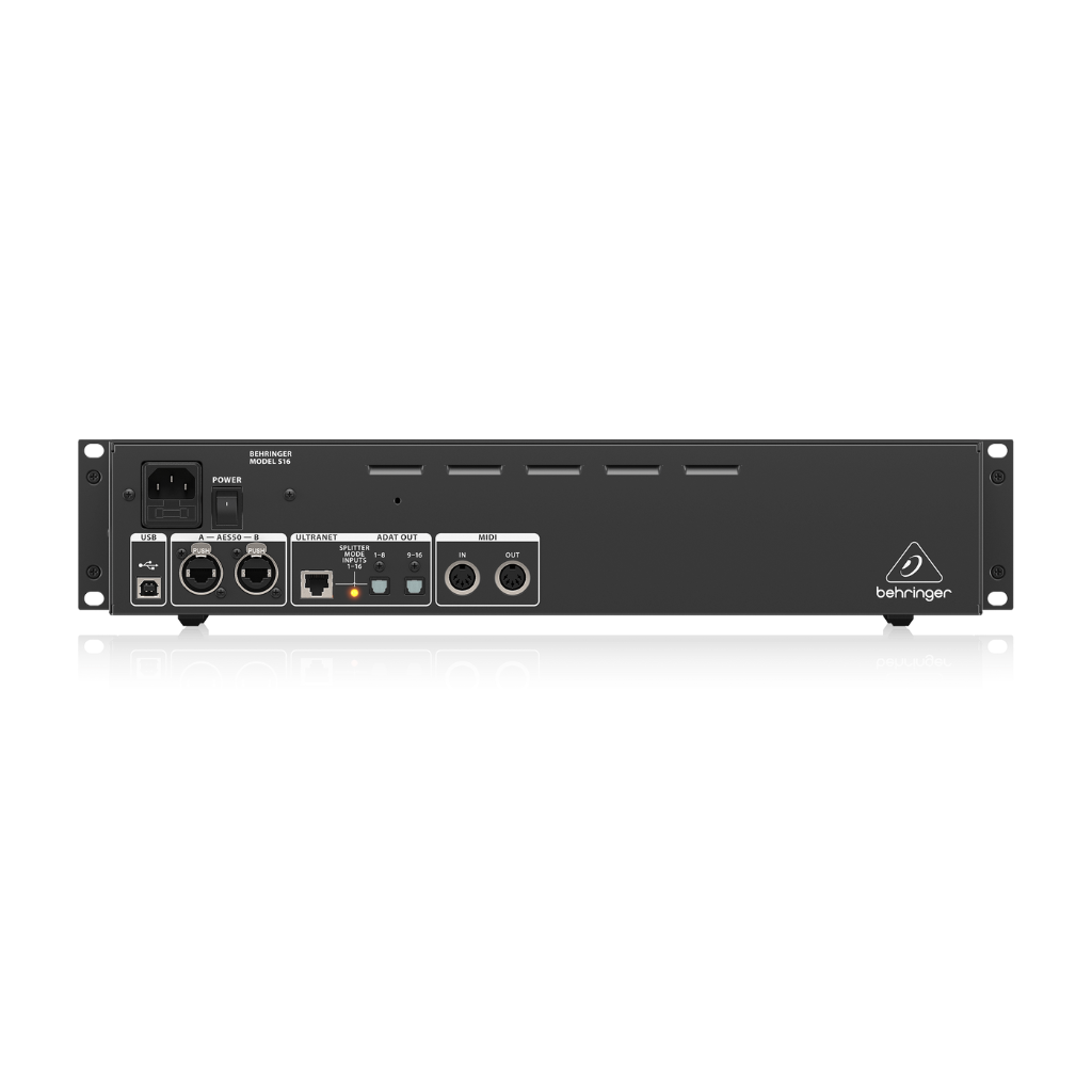 Behringer S16 rear panel showing XLR outputs, ULTRANET, ADAT and AES50 ports