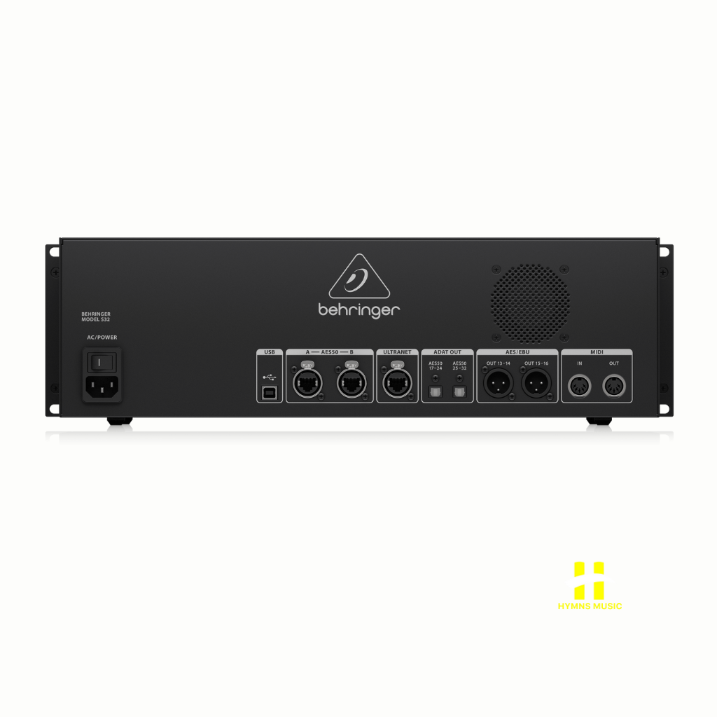 Behringer S32 rear panel showing XLR outputs, AES50 ports, ADAT and AES/EBU outputs