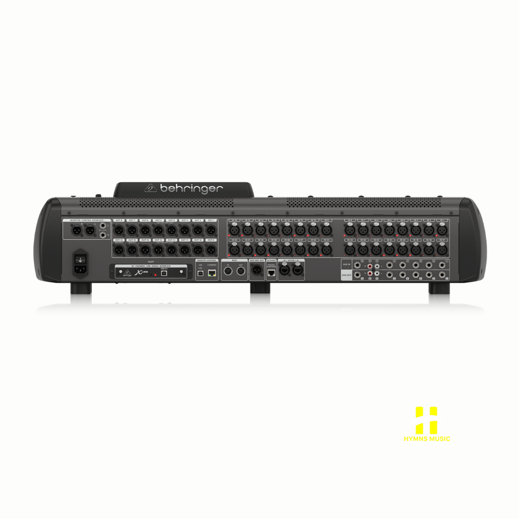 Behringer X32 rear panel showing I/O, AES50, ULTRANET, USB, and expansion port.