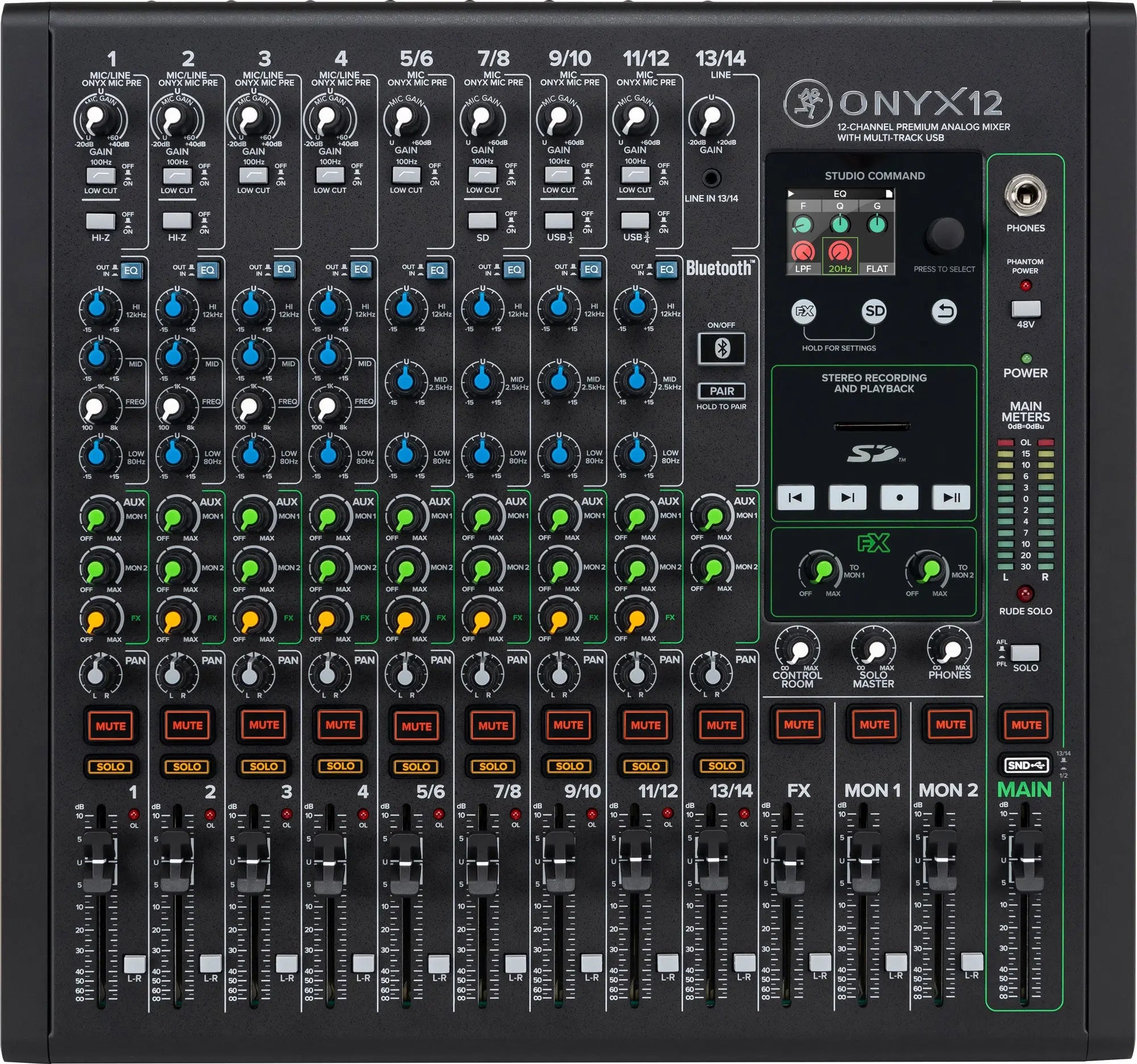 Mackie Onyx12 audio mixer with various controls 