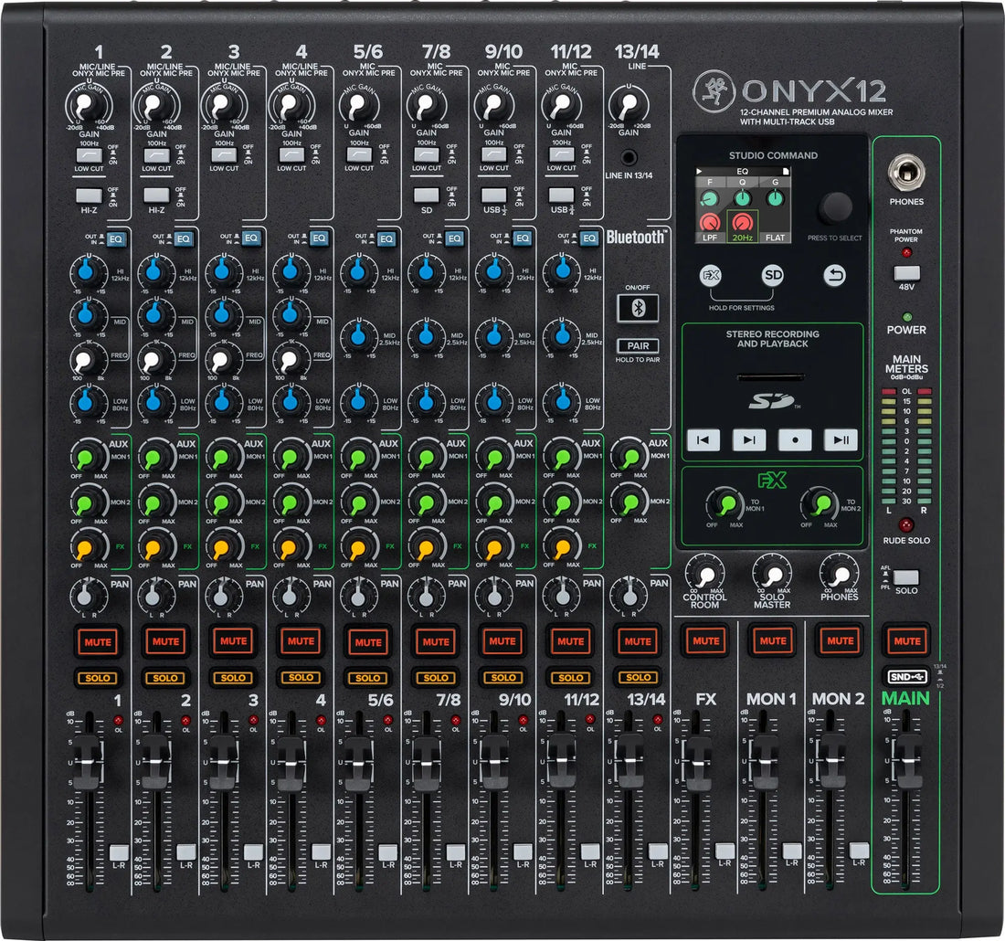 Mackie Onyx12 audio mixer with various controls 
