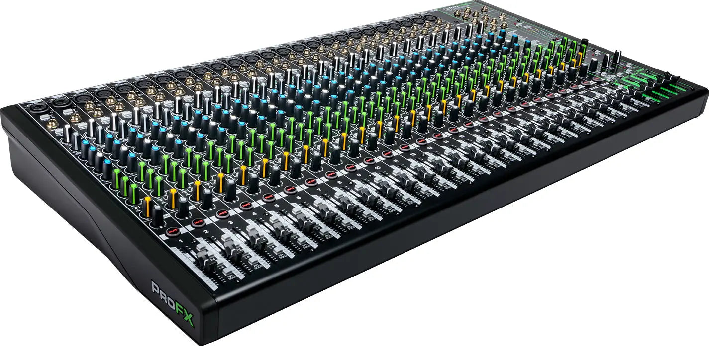  Mackie ProFX20v3 audio mixing console with various knobs and buttons 