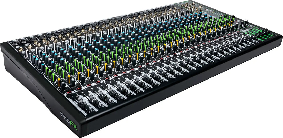  Mackie ProFX20v3 audio mixing console with various knobs and buttons 