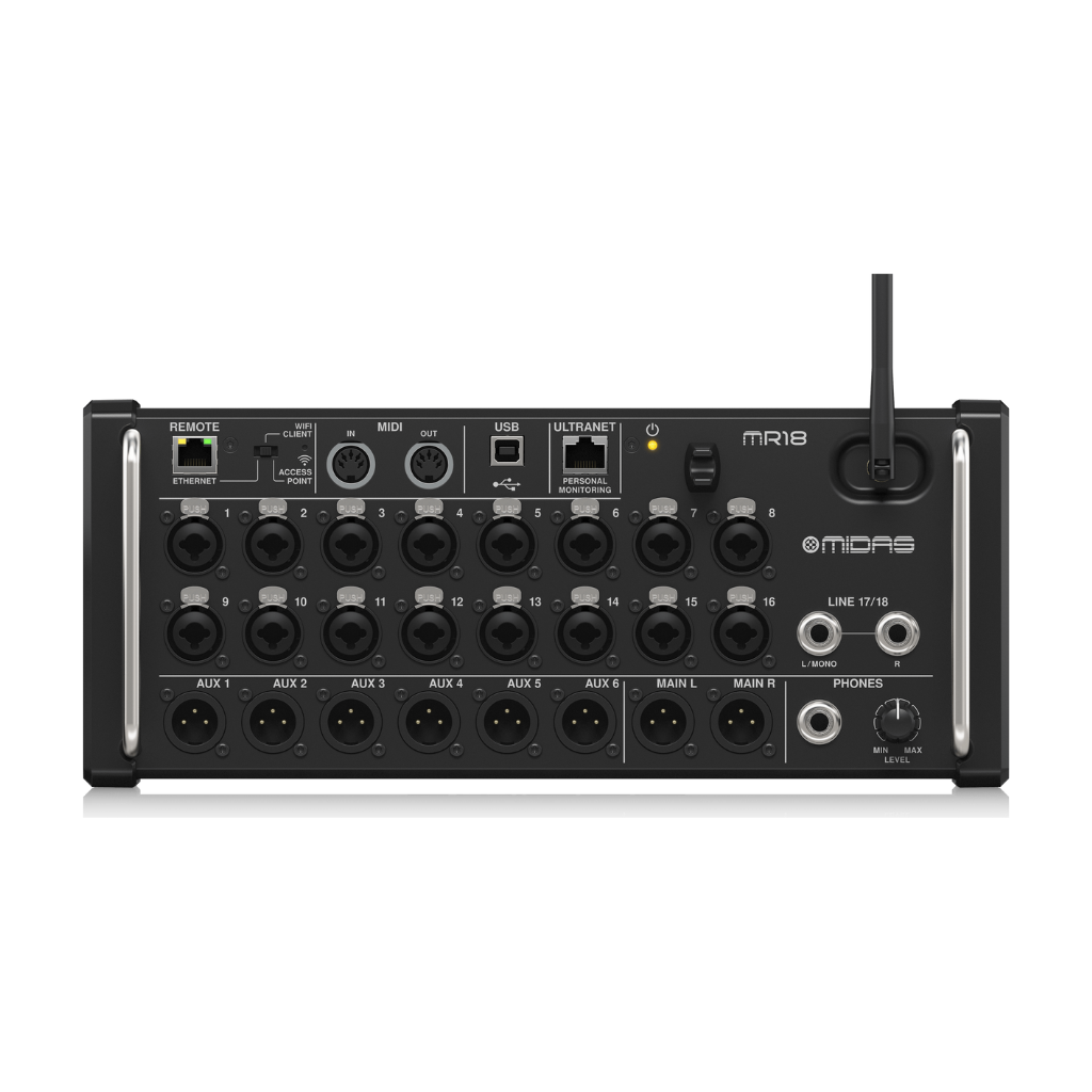 Front view of MIDAS MR18 digital rack mixer showing inputs and controls