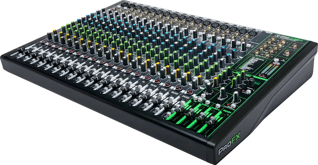 Sound mixing console with various knobs and buttons