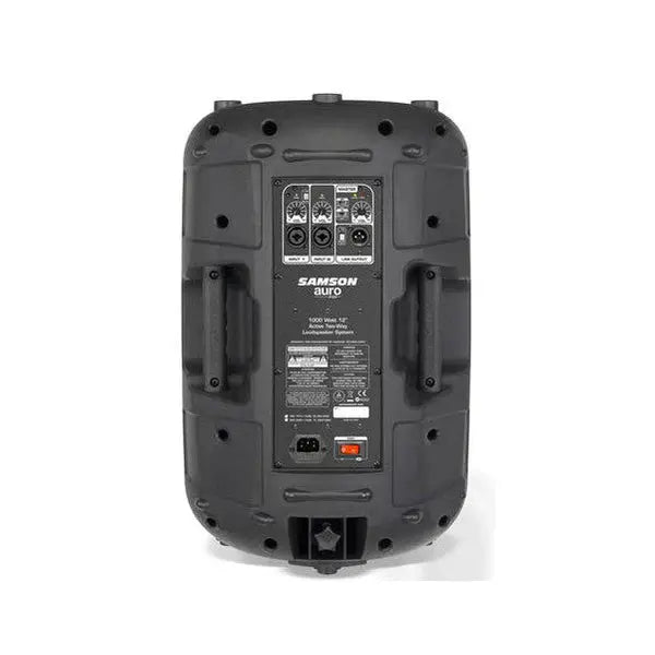 Rear panel of Samson Auro X12D showing mixer controls, inputs, and EQ preset switches.