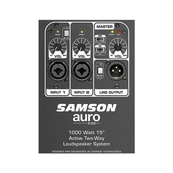 Rear panel of Samson Auro X15D showing dual XLR inputs, volume controls, and EQ presets.