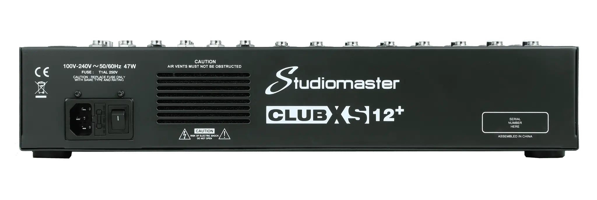 Back view of a Studiomaster CLUB X-12+ audio equipment 