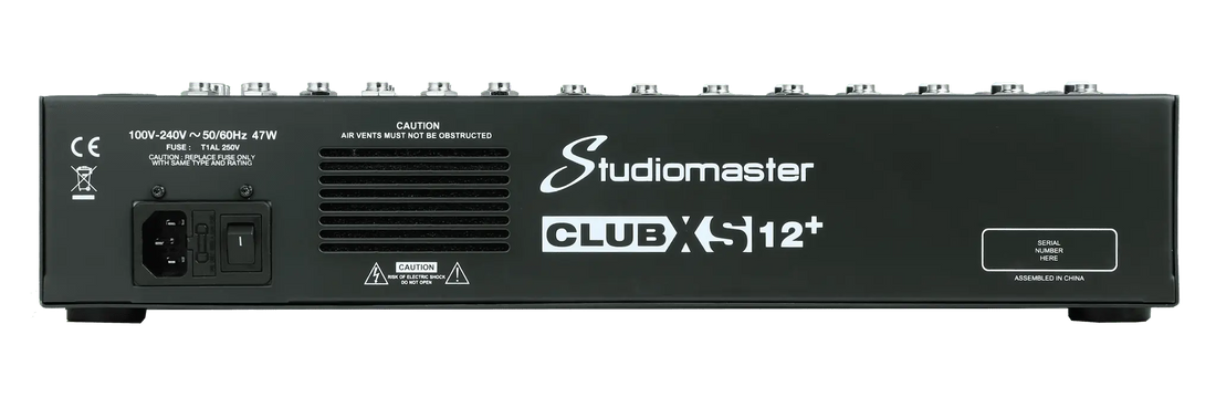 Back view of a Studiomaster CLUB X-12+ audio equipment 