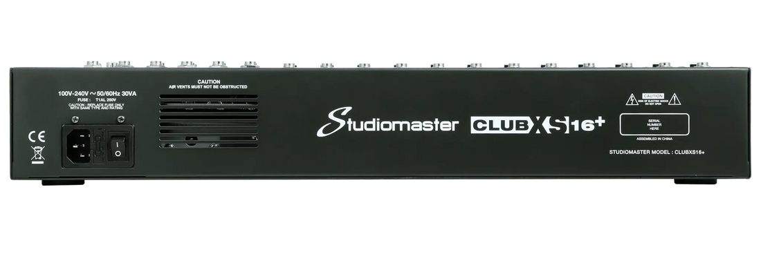 Back view of a Studiomaster Club One+ audio mixer 